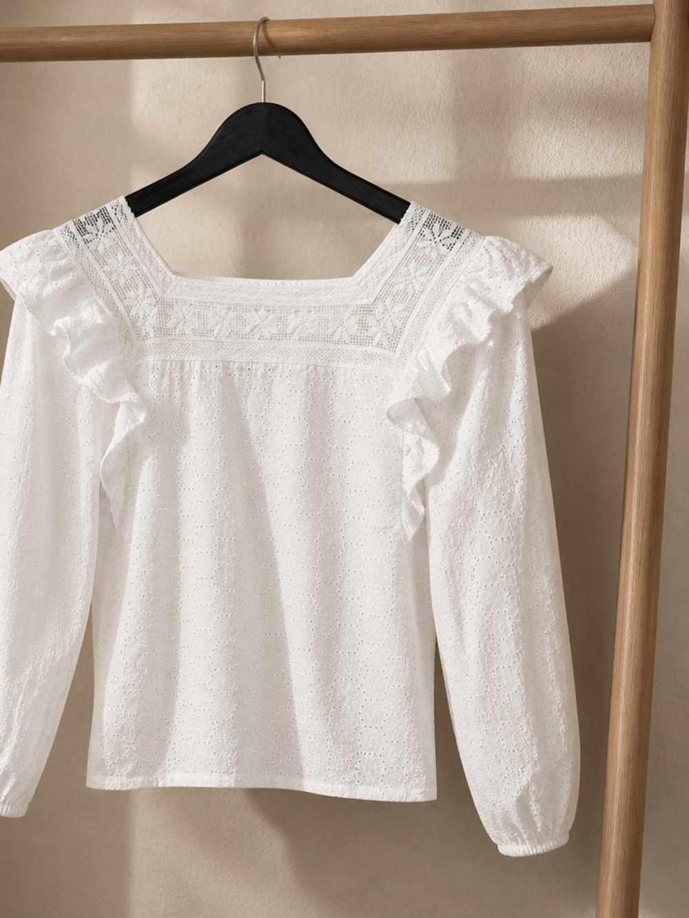 White Lace-Trim Ruffle Long-Sleeve Top